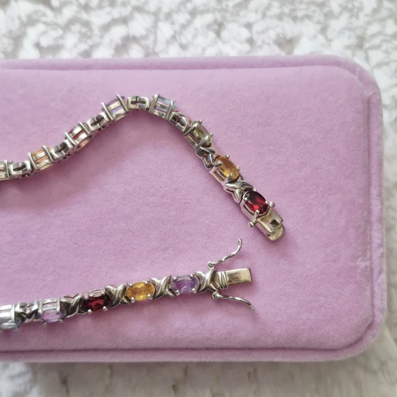 Vintage Sterling Silver XO Multi-Color Gemstone Tennis Bracelet - Picture 7 of 12